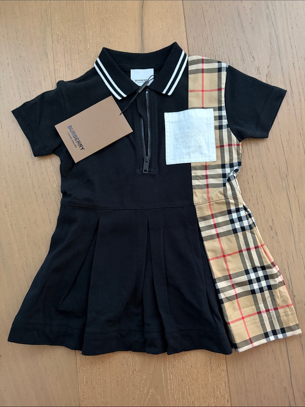 Burberry Black Polo Dress with Beige Check Side Panel - Kids